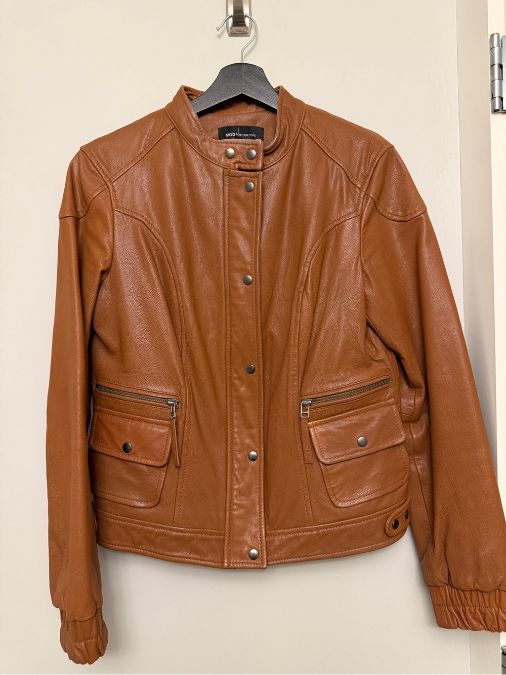 Moda International Women's real Leather Moto Jacket - Cognac Brown